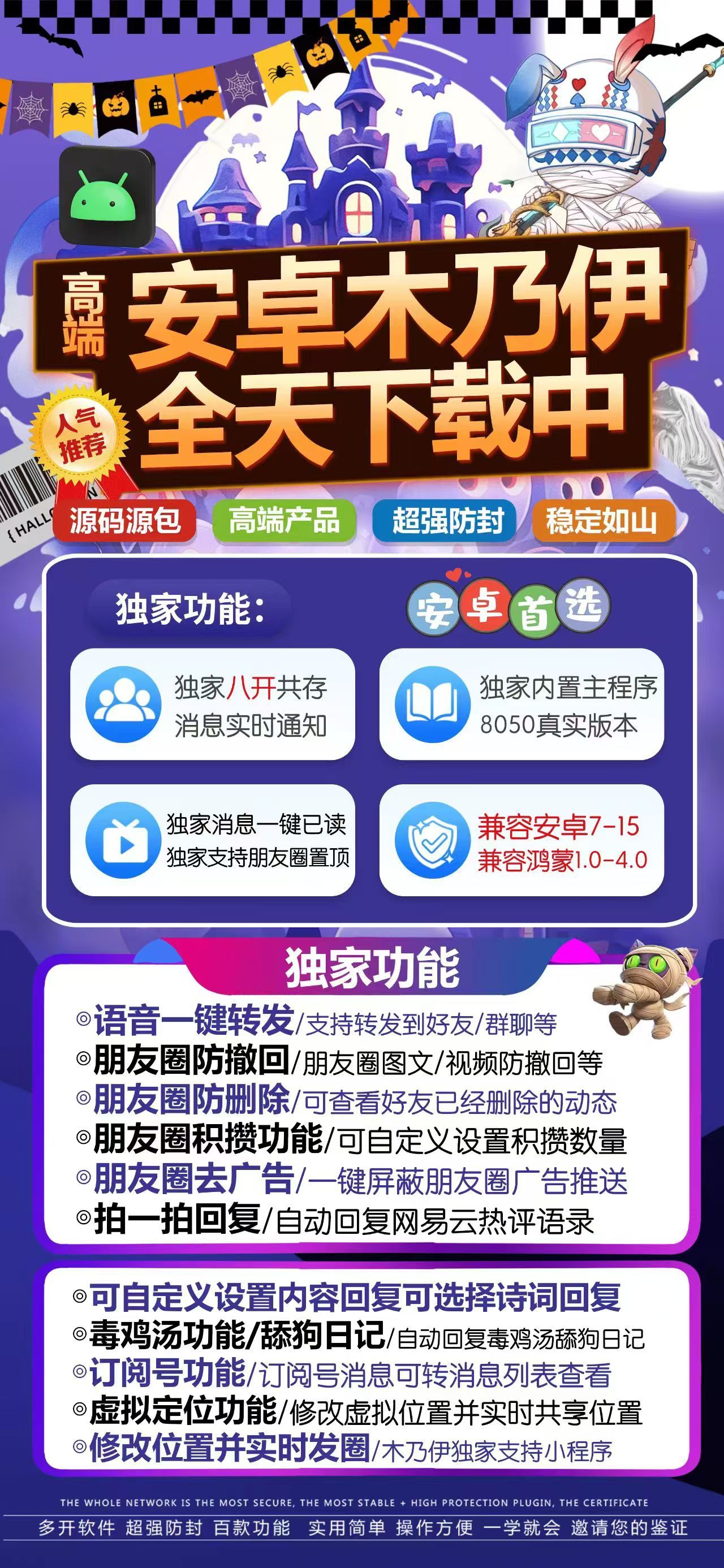 【安卓微信分身木乃伊授权码卡密购买】语音一键转发/支持转发到好友/群聊/朋友圈防撤回/朋友圈图文/视频防撤回/虚拟定位